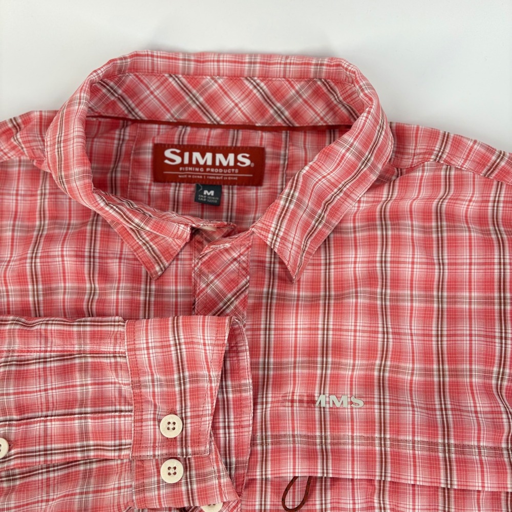 Simms Fishing Products Mens Medium Red Plaid Long Sleeve Button Up Fishing Shirt